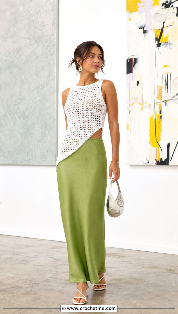 White Asymmetric Hem Crochet Tank Top With Maxi Skirt - 15 White Crochet Tank Top Hanging outfit ideas
