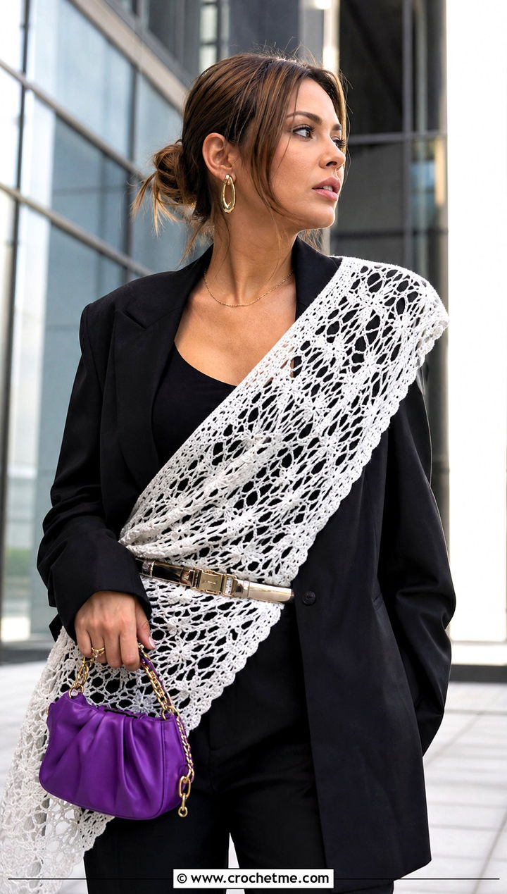 White Asymmetrical Lace Shawl With Blazer And Shorts - 15 White Crocheted Shawl With Intricate outfit ideas