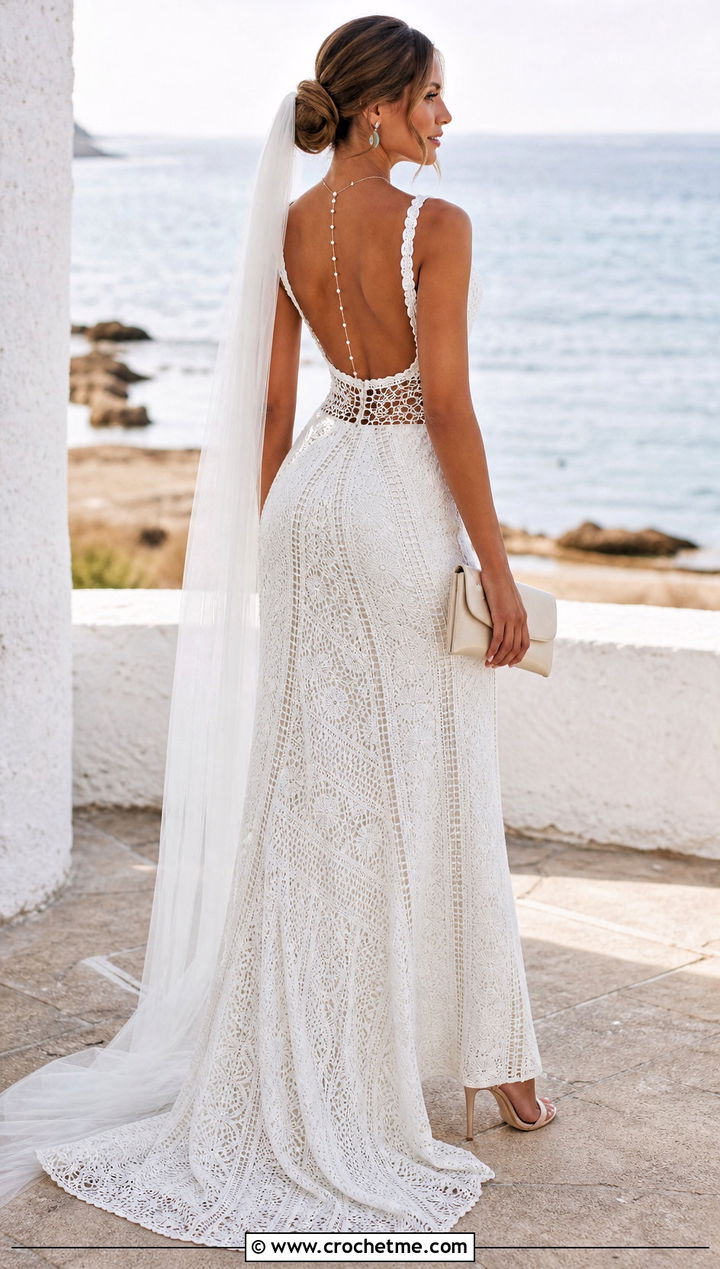 White Backless Crochet Wedding Dress With Pearl Back Necklace - 25 white crochet wedding dress outfit ideas
