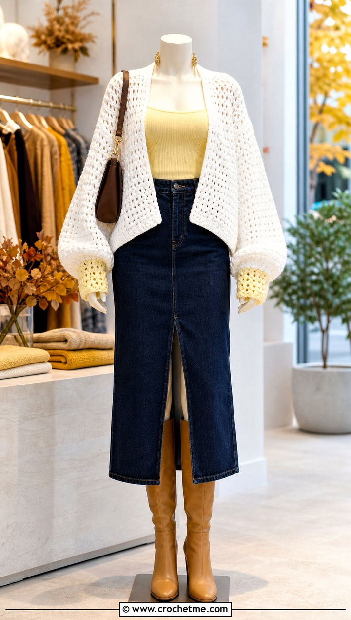 White Balloon Sleeve Crochet Cardigan With Denim Skirt - 15 White Crochet Cardigan On Mannequin outfit ideas