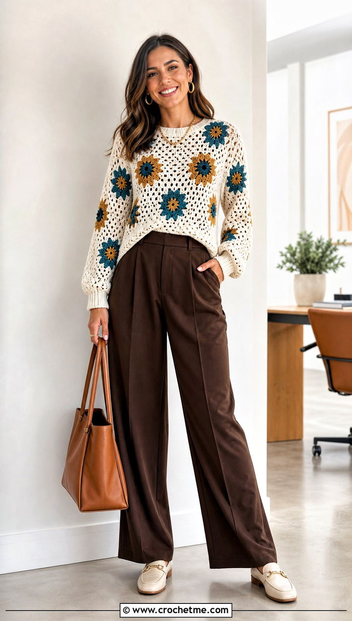 White Base Crochet Sunflower Sweater With Brown Trousers - 35 crochet sunflower sweater outfit ideas