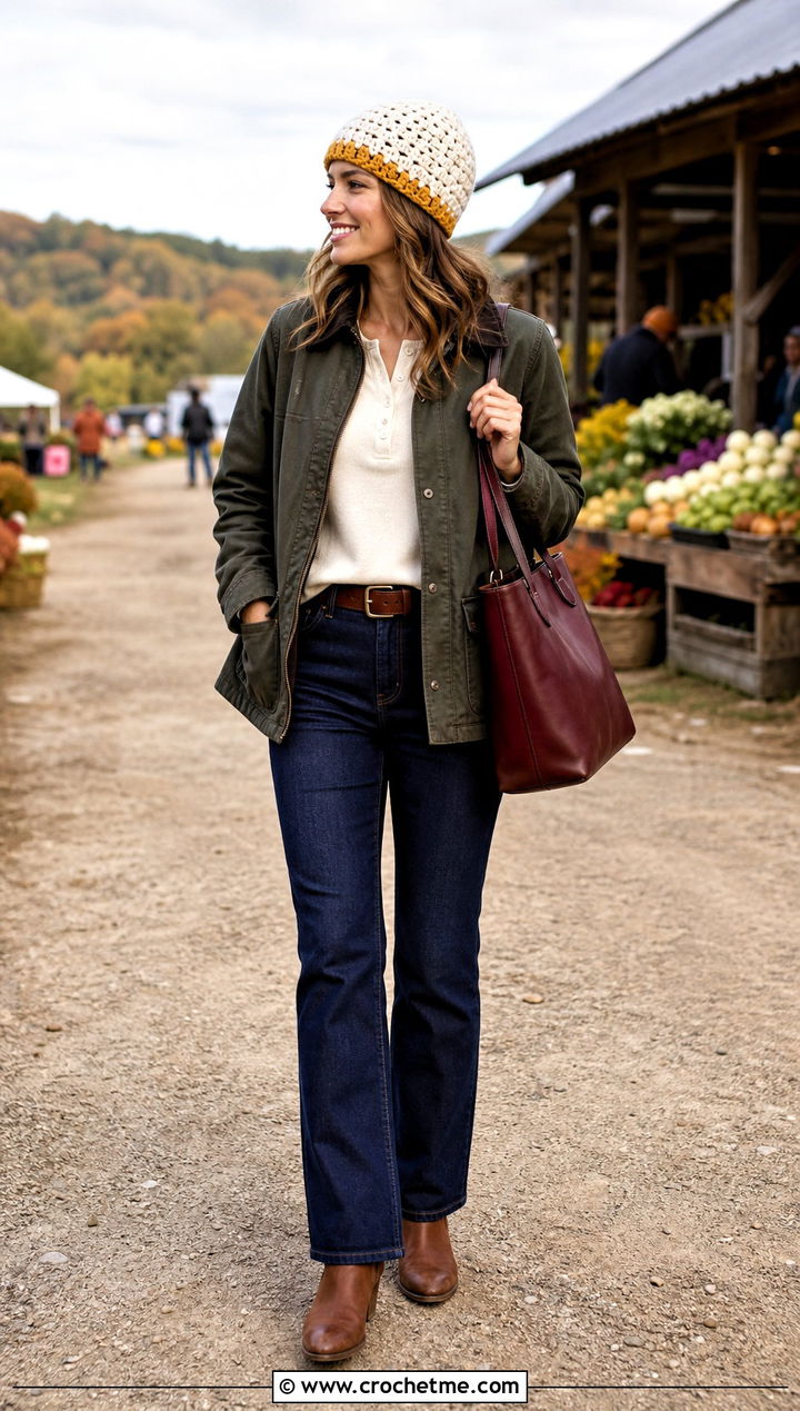 White Basketweave Beanie With Barn Jacket - 35 white crochet beanie outfit ideas