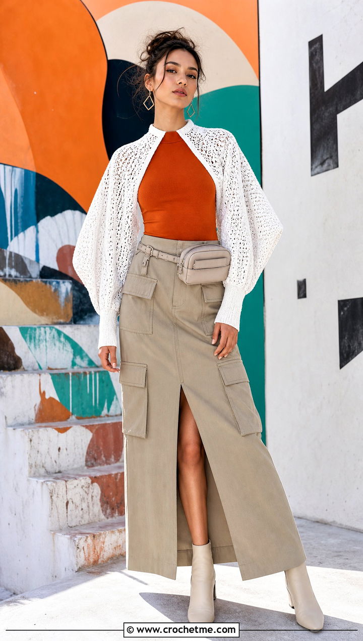 White Batwing Crochet Shrug With Cargo Maxi Skirt - 30 White Crochet Shrug outfit ideas