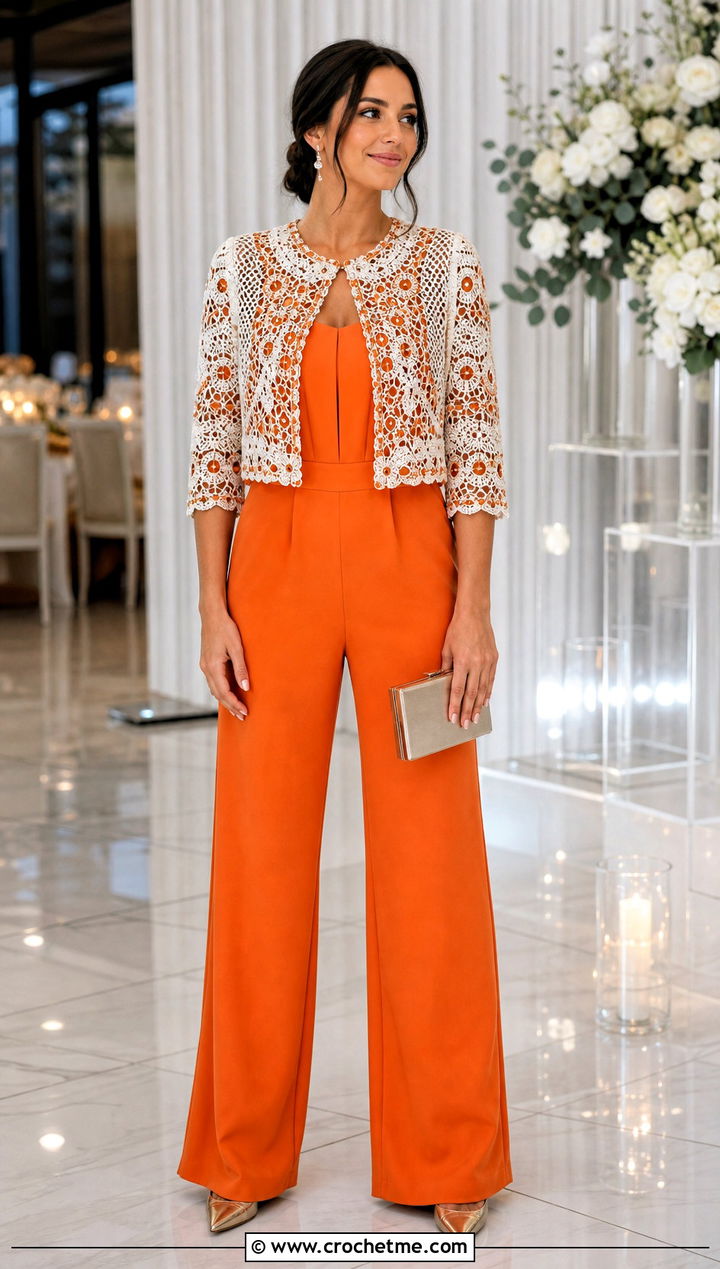 White Beaded Crochet Bolero With Tailored Jumpsuit - 15 white crochet bolero jacket outfit ideas