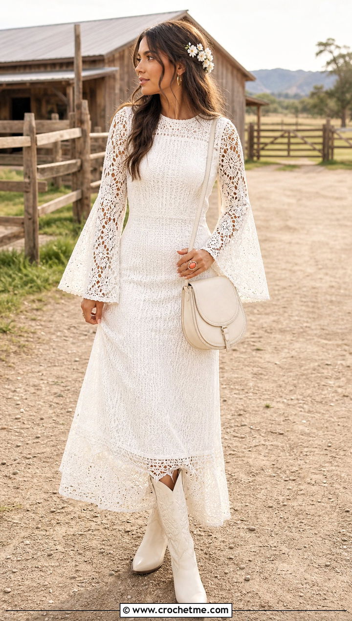 White Bell Sleeve Crochet Wedding Dress With Western Boots - 25 white crochet wedding dress outfit ideas