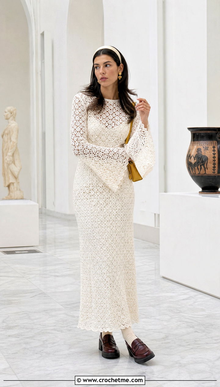White Bell Sleeve Long Crochet Dress With Platform Loafers - 25 white long crochet dress outfit ideas