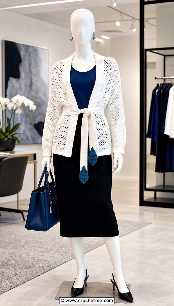 White Belted Crochet Cardigan With Pencil Skirt - 15 White Crochet Cardigan On Mannequin outfit ideas