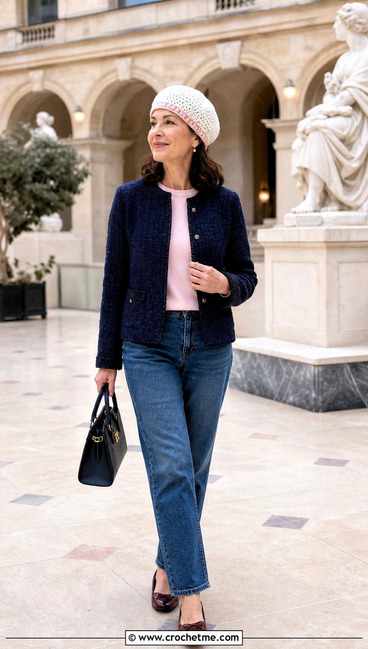 White Beret Style Crochet Beanie With Tweed Jacket And Jeans - 35 white crochet beanie outfit ideas