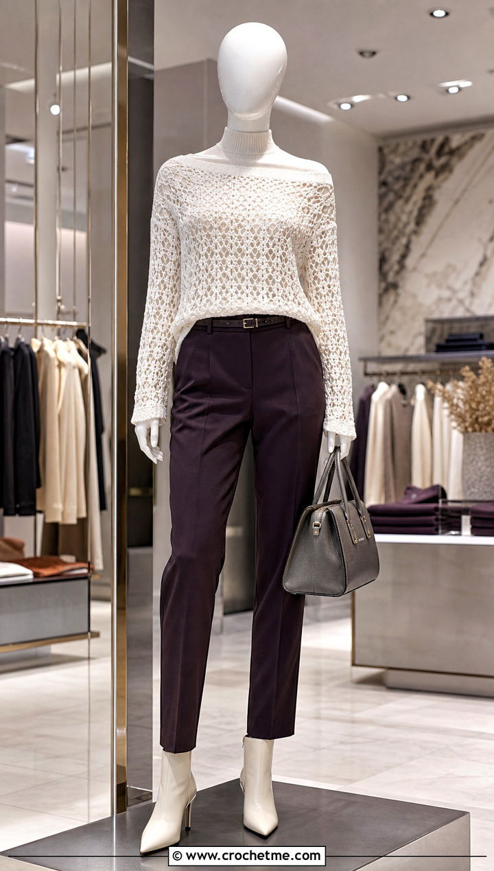 White Boat Neck Crochet Top With Plum Trousers - 15 white crochet top on mannequin outfit ideas