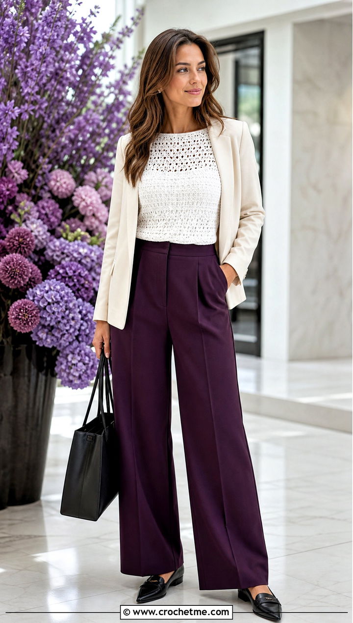 White Boat Neck Crochet Top With Tailored Trousers - 15 white crochet top on floral background outfit ideas