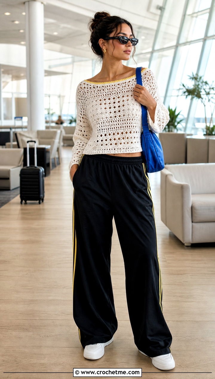 White Boat Neck Crochet Top With Track Pants - 15 white crochet top on wooden floor outfit ideas