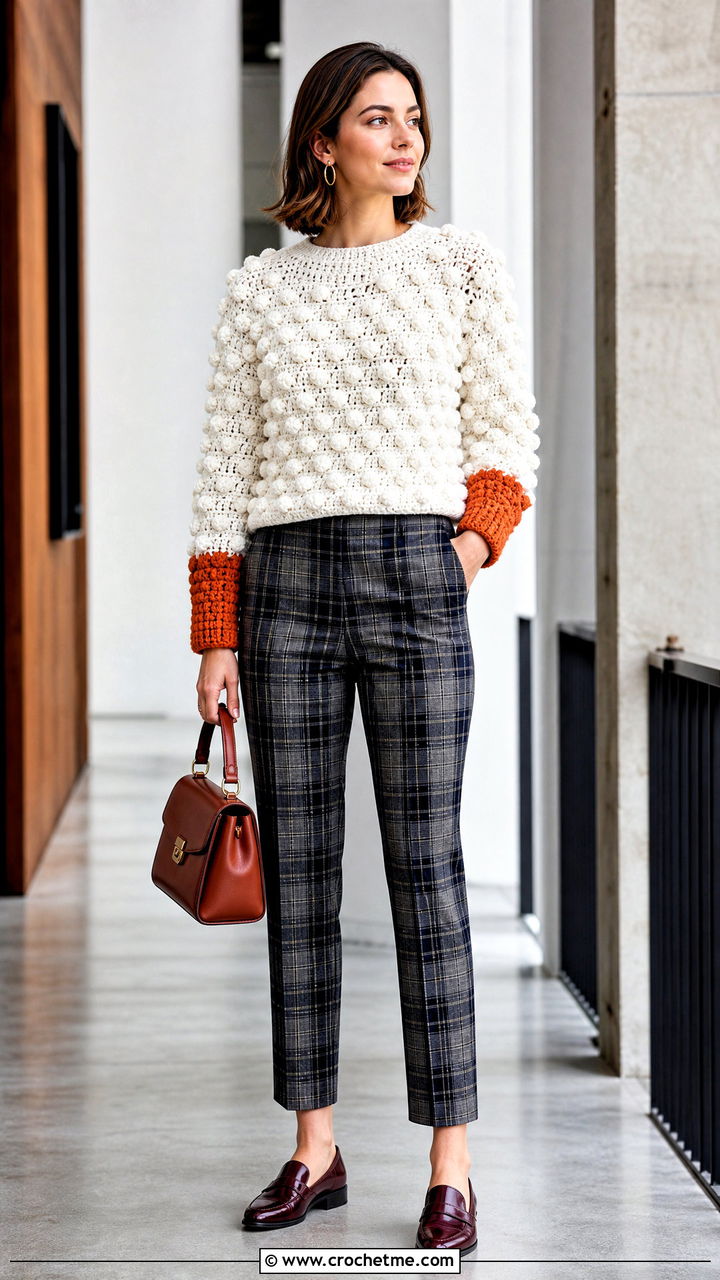 White Bobble Stitch Crochet Sweater With Plaid Trousers - 35 white crochet sweater outfit ideas
