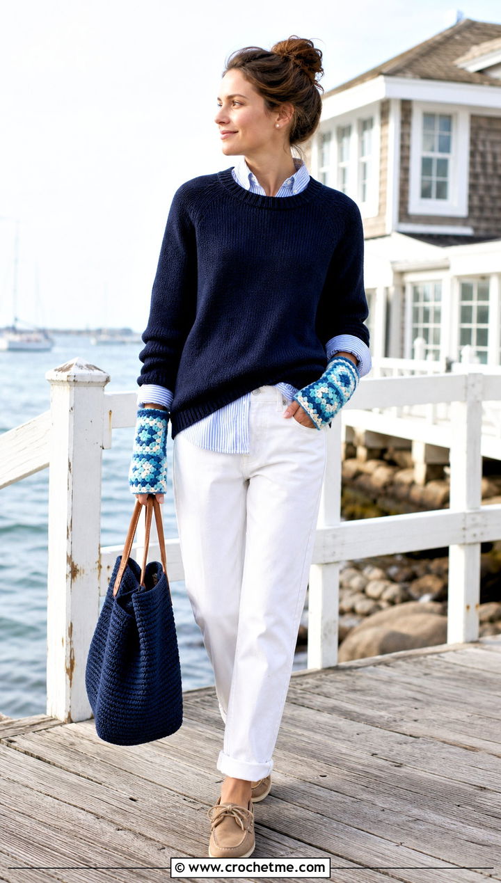 White Border Granny Square Fingerless Gloves With Coastal Layers - 35 granny square fingerless gloves outfit ideas