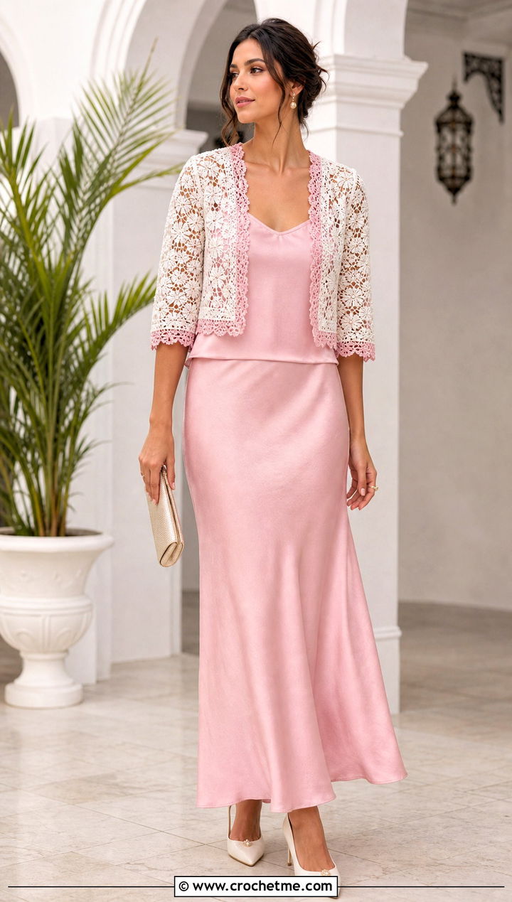White Bridal Lace Crochet Bolero With Bias Cut Maxi Skirt - 15 white crochet bolero jacket outfit ideas