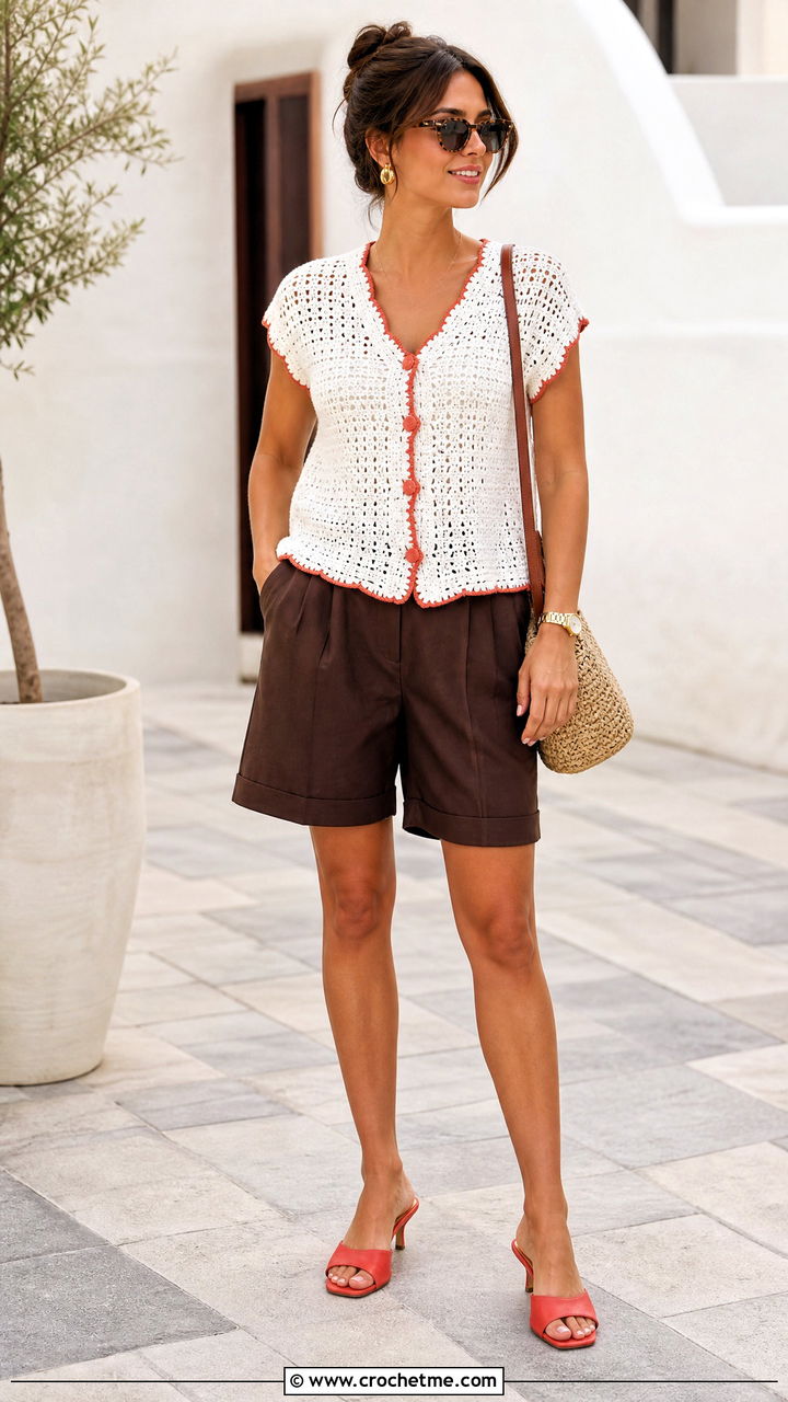White Button Front Crochet Top With Bermuda Shorts - 35 white crochet top outfit ideas