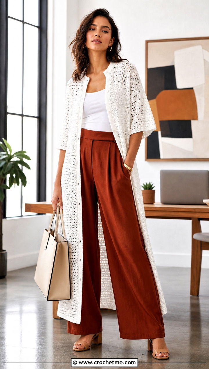 White Button Front Long Crochet Dress With Wide Leg Pants - 25 white long crochet dress outfit ideas