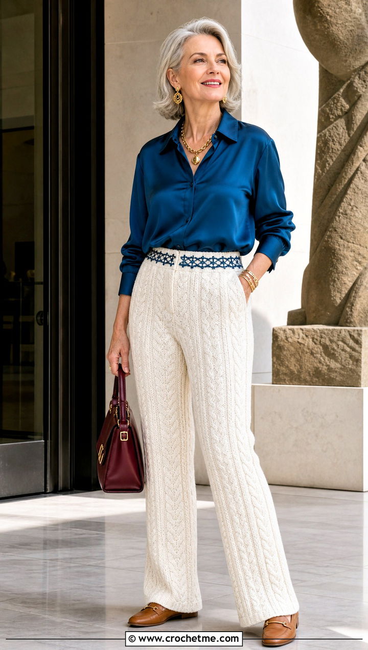 White Cable Crochet Pants With Silk Shirt - 35 white crochet pants outfit ideas