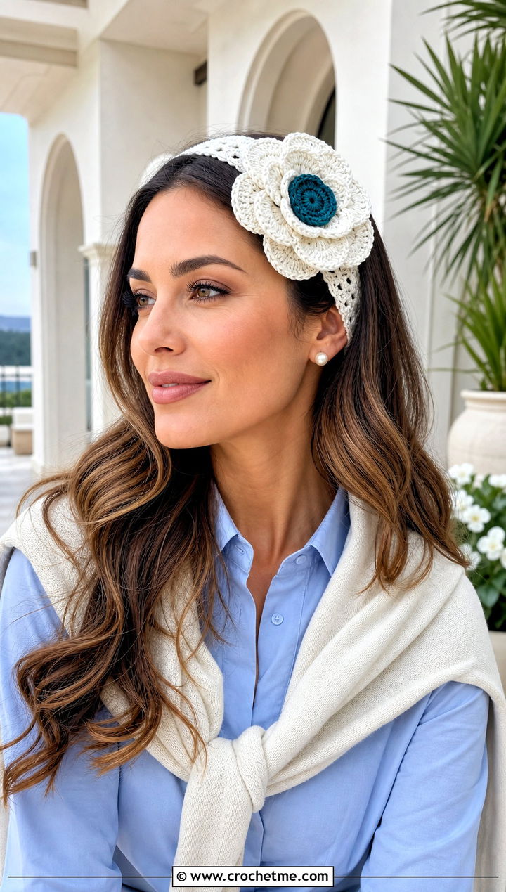 White Camellia Crocheted Flower Headband With Old Money Basics - 15 white crocheted flower headband outfit ideas