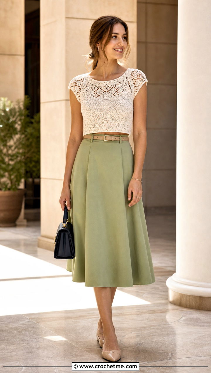 White Cap Sleeve Crochet Crop Top With A Line Midi Skirt - 30 white crochet crop top outfit ideas