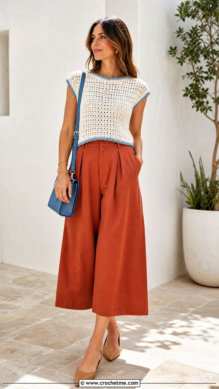 White Cap Sleeve Crochet Sweater With Culottes - 35 white crochet sweater outfit ideas