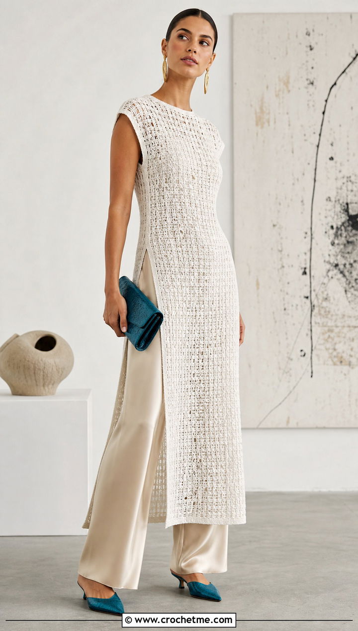 White Cap Sleeve Long Crochet Dress With Silk Pants - 25 white long crochet dress outfit ideas