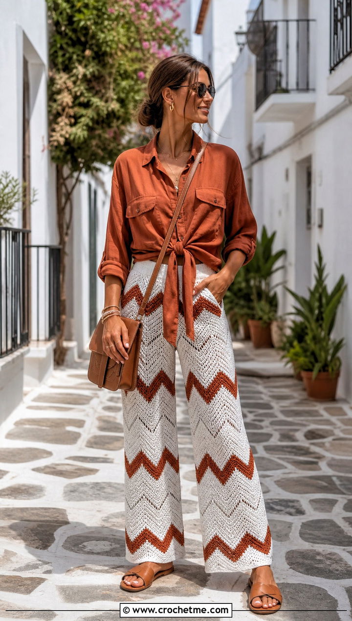 White Chevron Crochet Trousers With Utility Shirt - 25 White Crochet Trousers outfit ideas