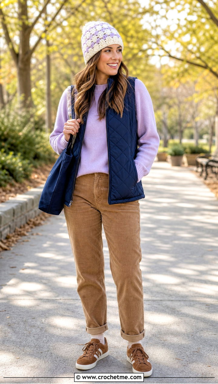 White Cluster Stitch Beanie With Quilted Vest And Corduroy Pants - 35 white crochet beanie outfit ideas