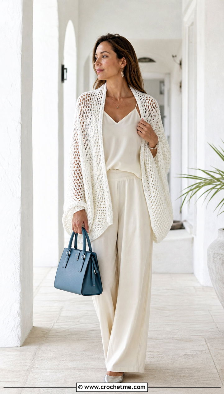 White Cocoon Crochet Shrug With Tonal Separates - 30 White Crochet Shrug outfit ideas