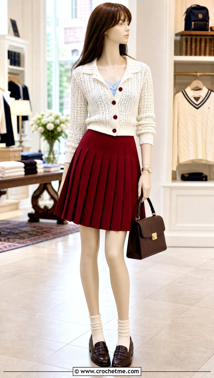 White Collared Crochet Cardigan With Pleated Skirt - 15 White Crochet Cardigan On Mannequin outfit ideas