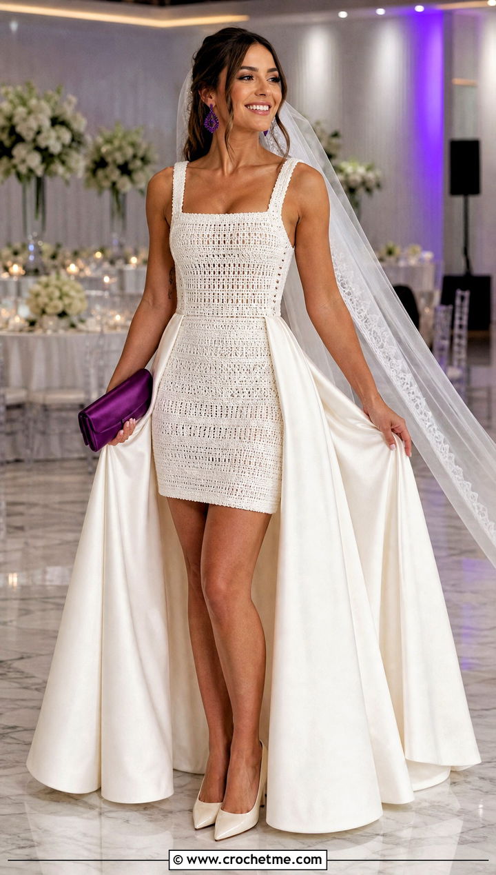 White Convertible Crochet Wedding Dress With Detachable Satin Skirt - 25 white crochet wedding dress outfit ideas