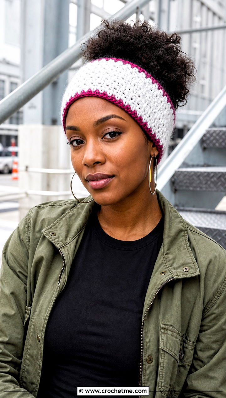 White Crochet Alpine Stitch Headband With Utility Jacket And Cargo Pants - 35 white crochet headband outfit ideas