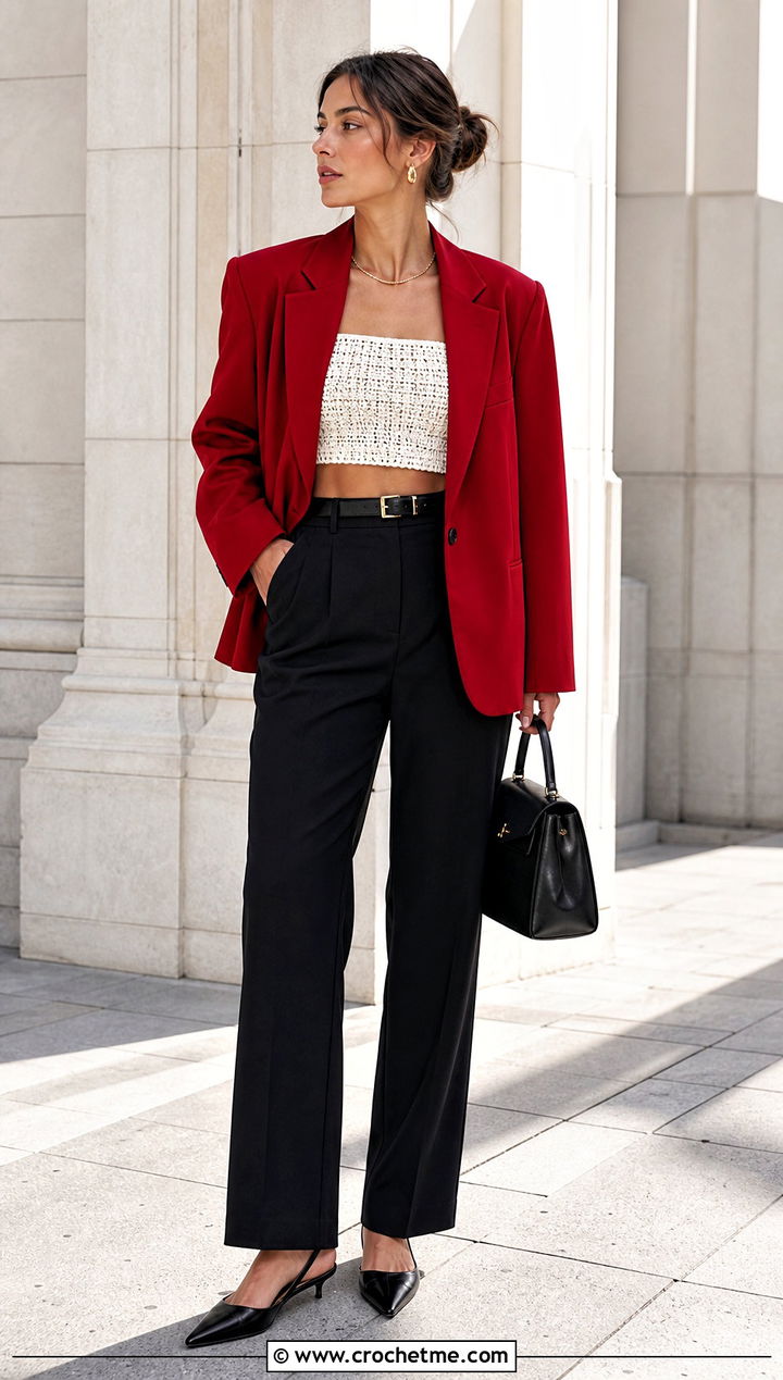 White Crochet Bandeau Crop Top With Oversized Blazer - 30 white crochet crop top outfit ideas