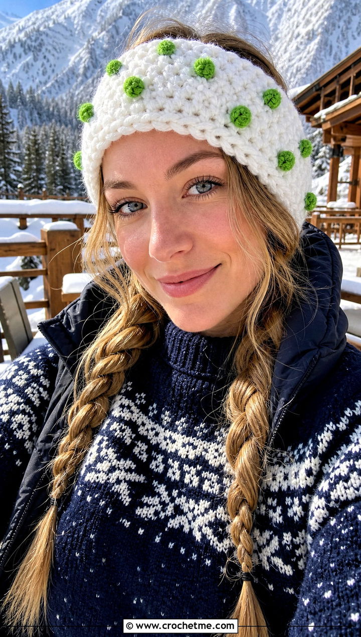 White Crochet Bobble Headband With Fair Isle Sweater And Jeans - 35 white crochet headband outfit ideas