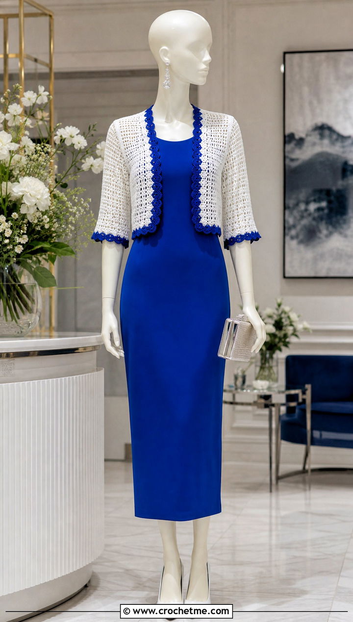 White Crochet Bolero Cardigan With Column Dress - 15 White Crochet Cardigan On Mannequin outfit ideas