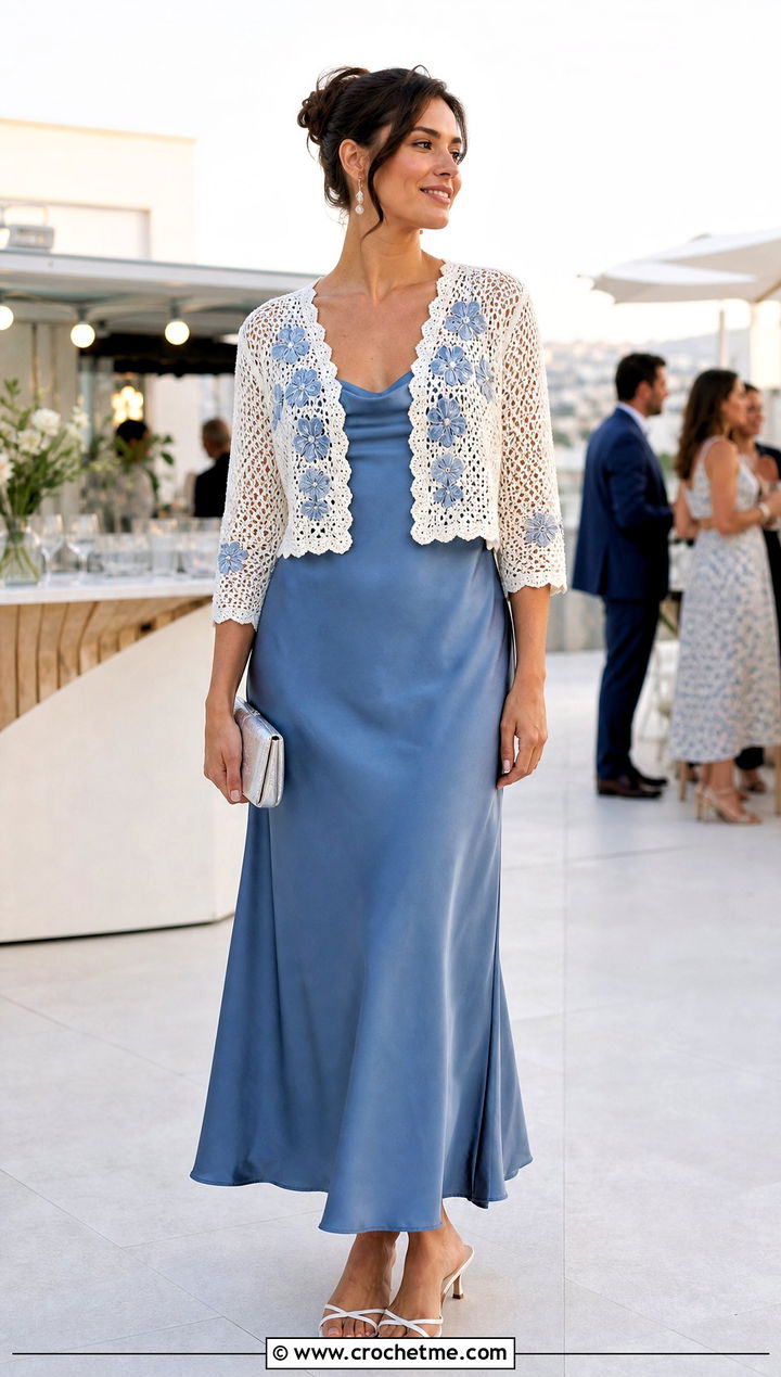White Crochet Bolero With Slip Dress - 15 summer white crochet outfit ideas