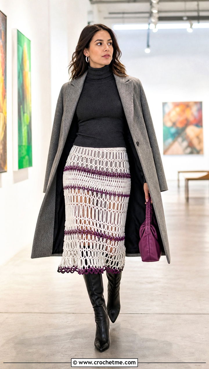 White Crochet Broomstick Lace Skirt With Turtleneck - 35 White Crochet Skirt Outfit ideas