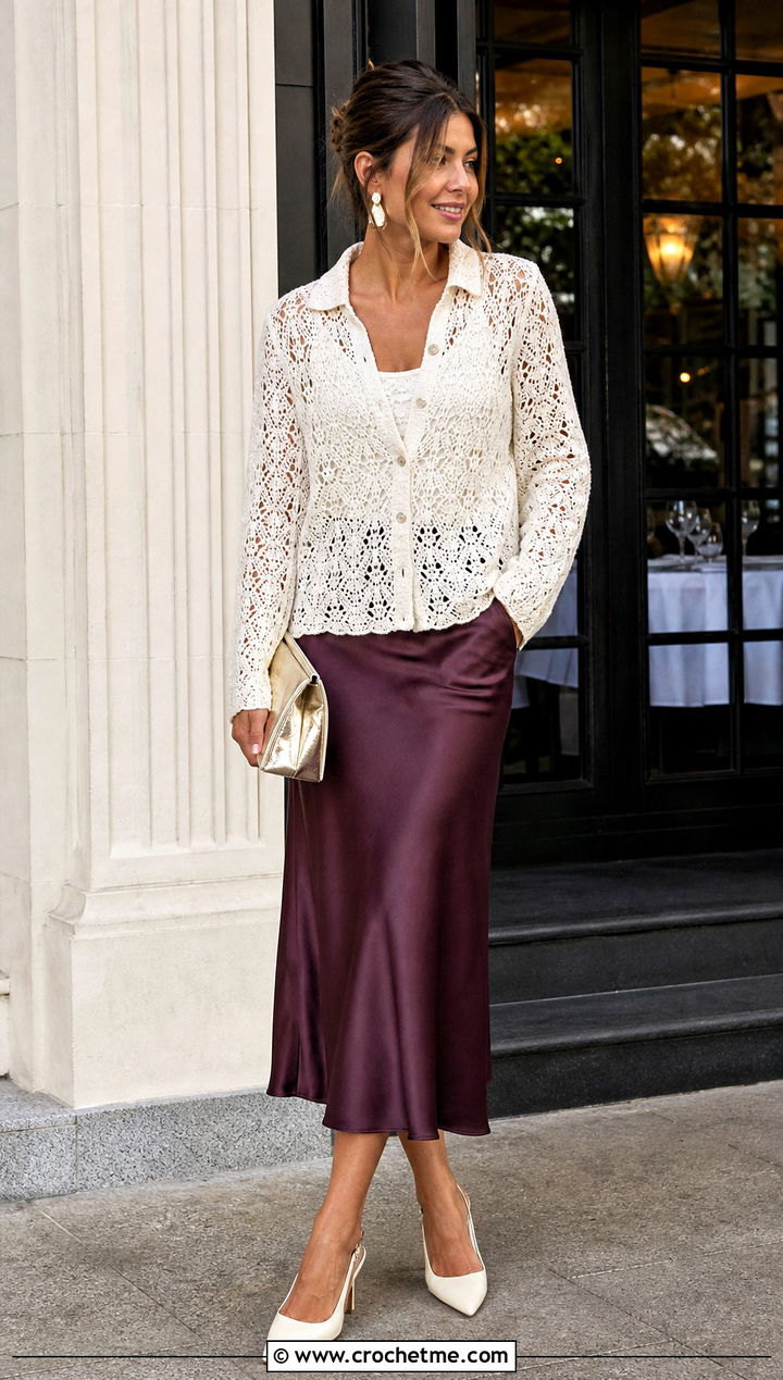 White Crochet Button Front Shirt With Satin Skirt - 35 White Crochet Outfit ideas