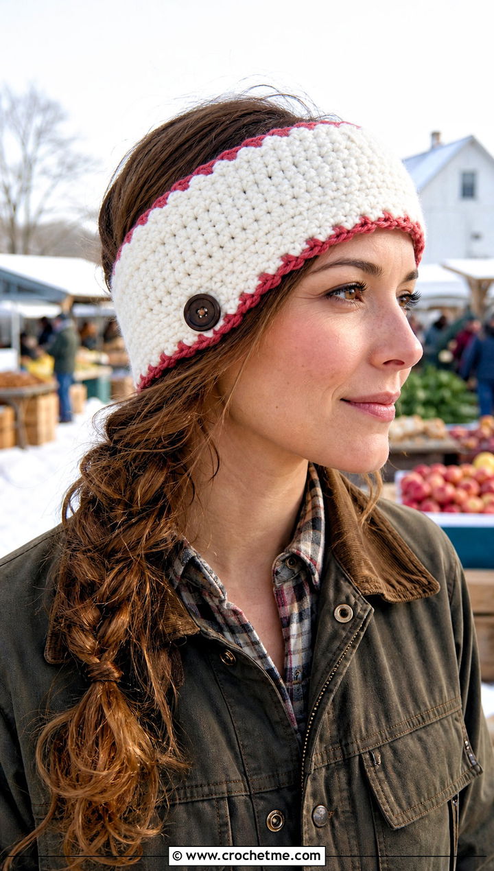White Crochet Button Tab Ear Warmer With Barn Jacket And Jeans - 35 white crochet headband outfit ideas