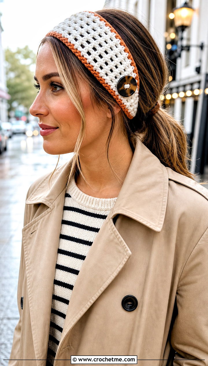 White Crochet Buttoned Headband With Trench Coat And Straight Jeans - 35 white crochet headband outfit ideas