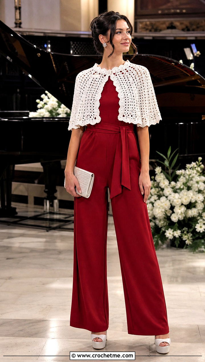 White Crochet Capelet With Red Wide Leg Jumpsuit - 15 Red And White Crochet Holiday Outfit ideas