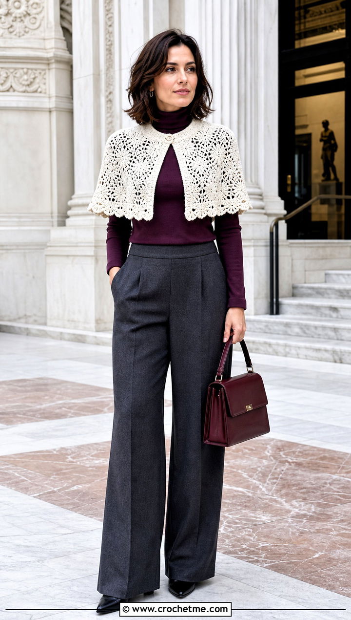 White Crochet Capelet With Turtleneck And Trousers - 35 White Crochet Outfit ideas