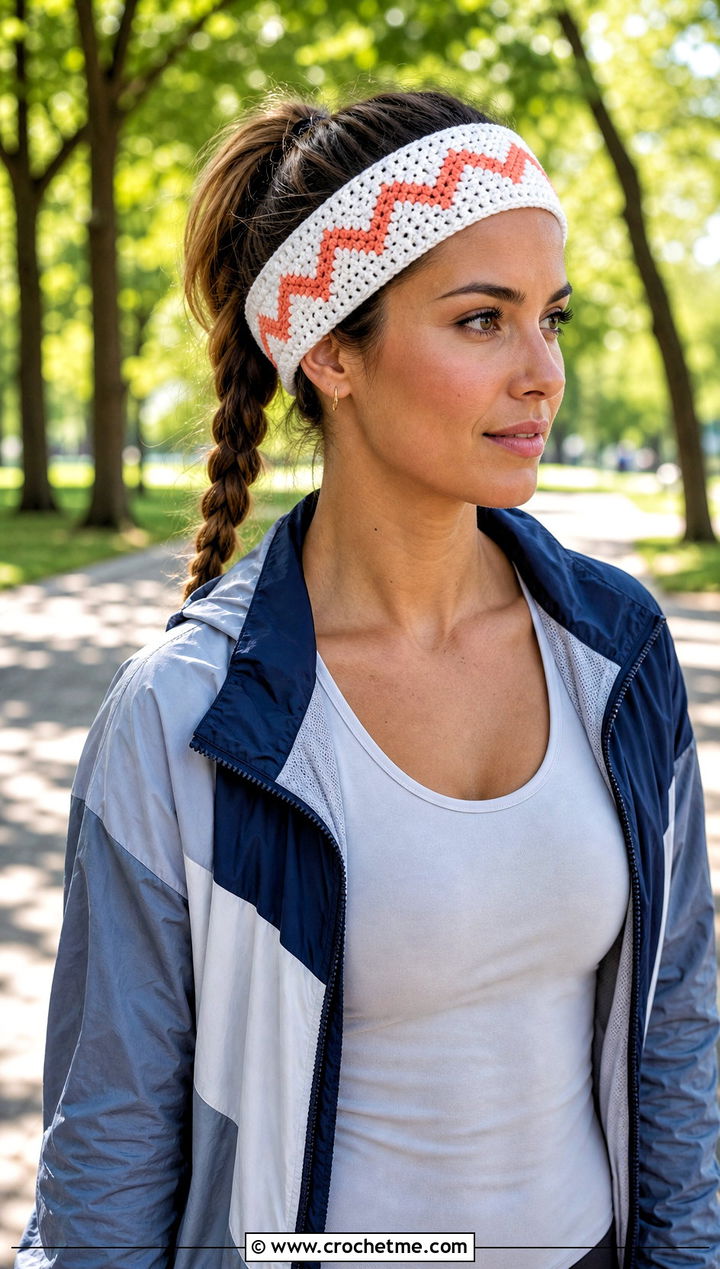 White Crochet Chevron Headband With Windbreaker And Track Pants - 35 white crochet headband outfit ideas