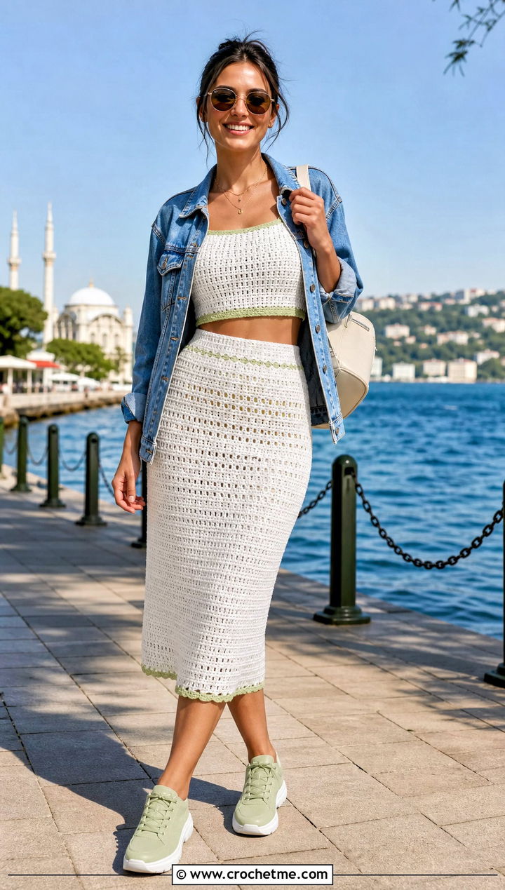 White Crochet Co Ord Set With Denim Jacket - 15 summer white crochet outfit ideas