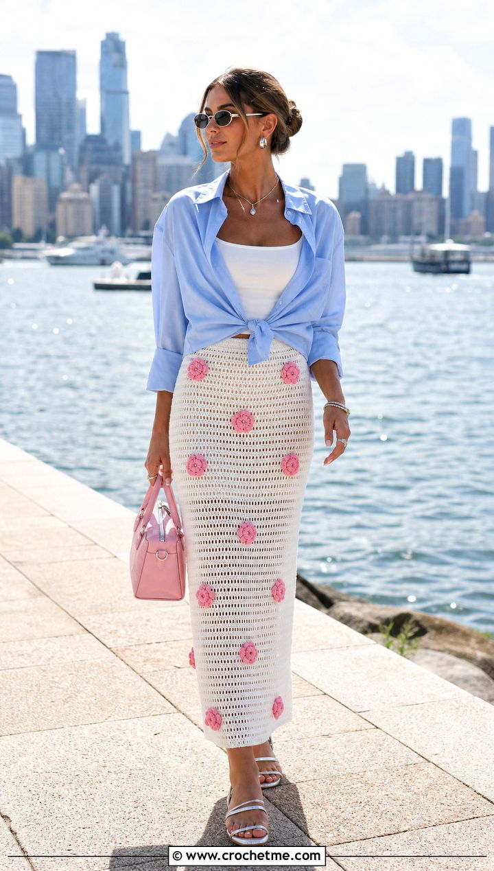 White Crochet Column Skirt With Oversized Shirt - 15 summer white crochet outfit ideas