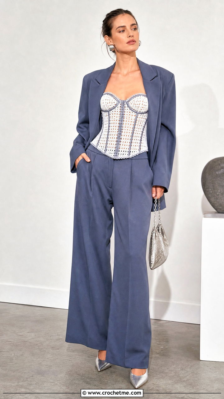 White Crochet Corset Top With Oversized Suit - 35 white crochet top outfit ideas