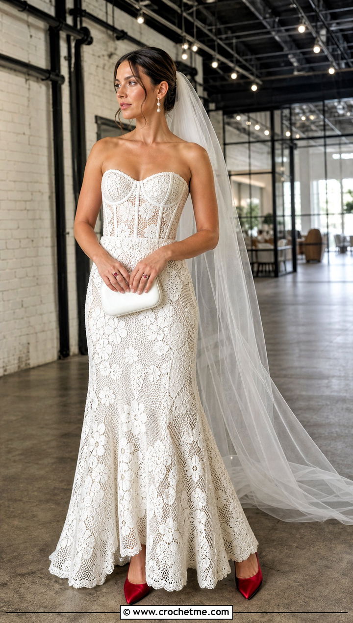 White Crochet Corset Wedding Dress With Red Satin Pumps - 25 white crochet wedding dress outfit ideas