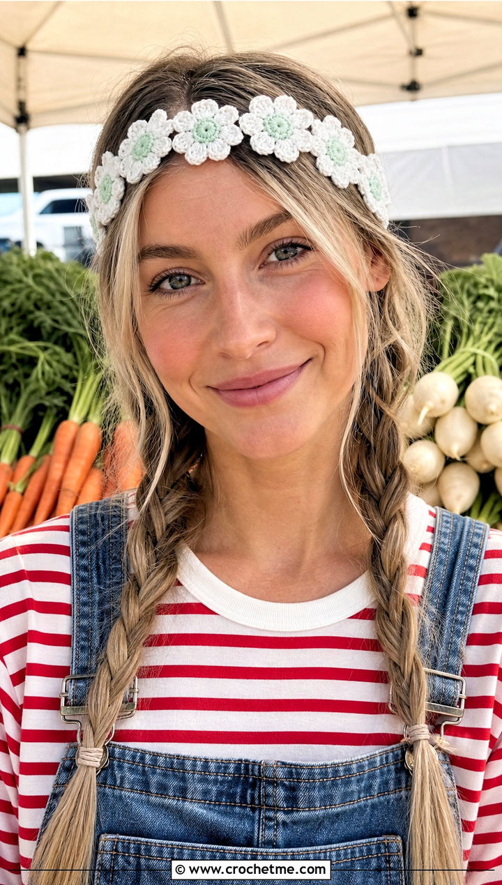 White Crochet Daisy Headband With Denim Overalls - 35 white crochet headband outfit ideas