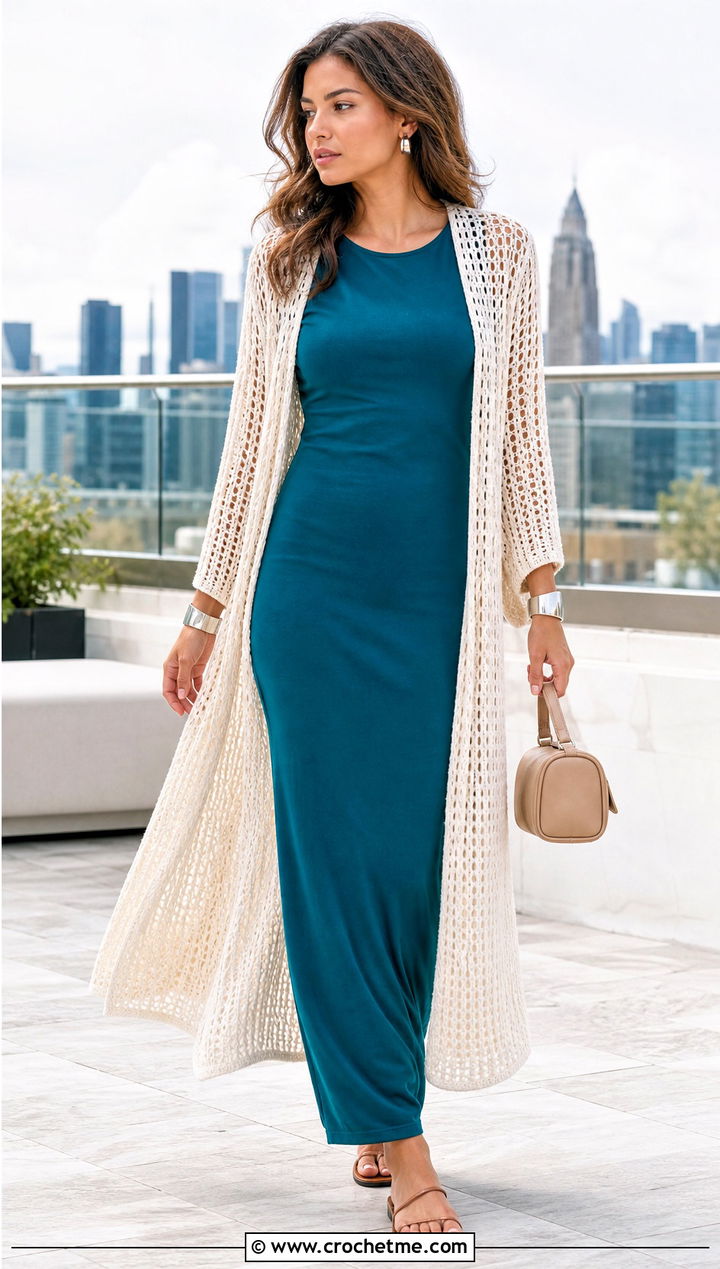 White Crochet Duster Cardigan With Column Dress - 35 White Crochet Outfit ideas