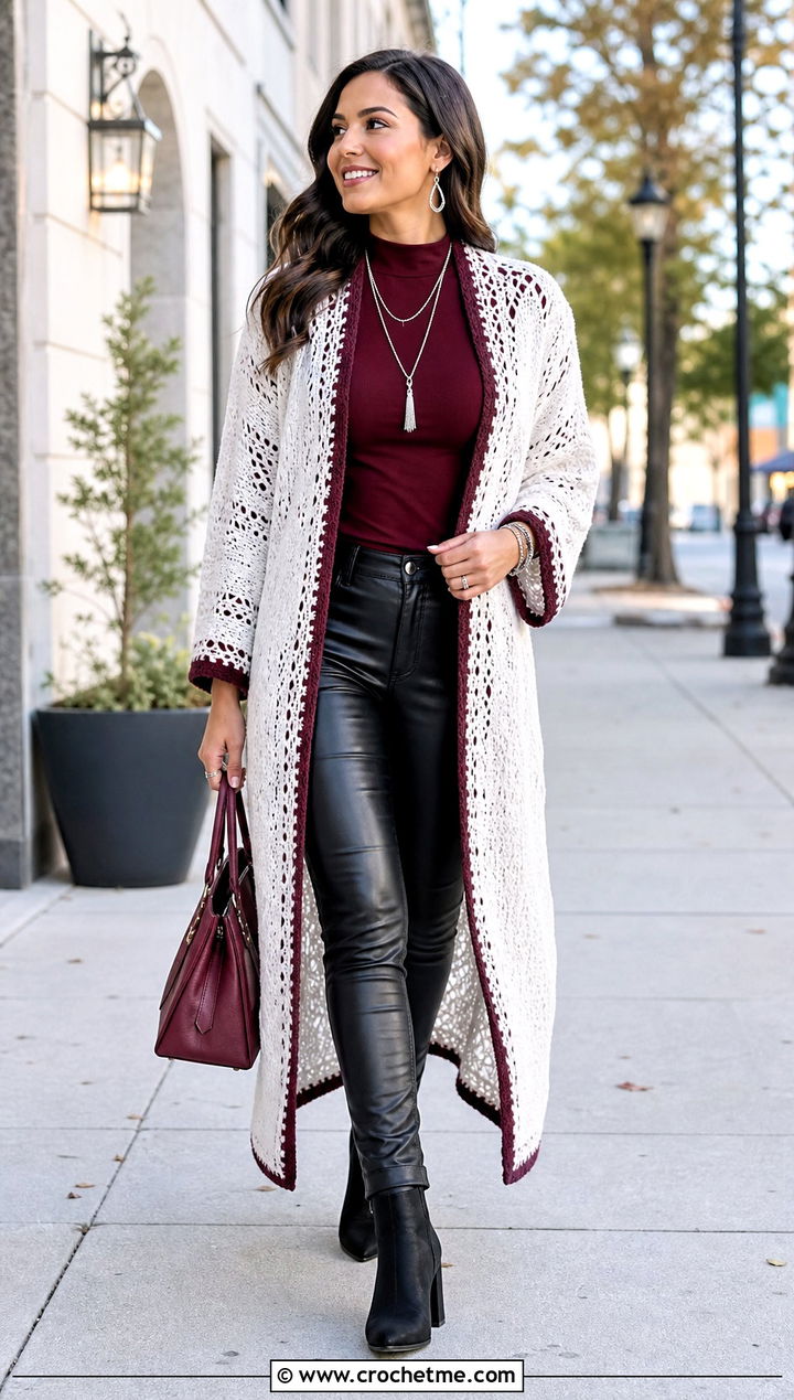 White Crochet Duster Kimono With Leather Pants - 15 White Crochet Kimono outfit ideas