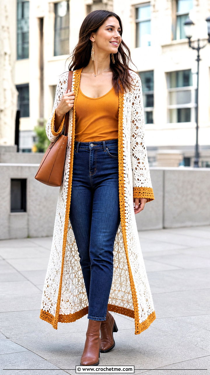 White Crochet Duster Sweater With Tank And Jeans - 35 white crochet sweater outfit ideas